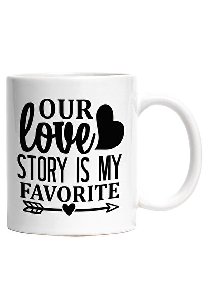 StoryGift Romania Cana cu inimioare si textul "Povestea noastra de iubire e favorita mea" cu Maner, Cu Maner Alb