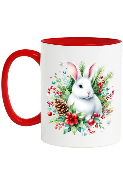 StoryGift Romania Mug with a bunny, illustration, Christmas, fir cone, mistletoe, leaves, holiday, , With ,STG