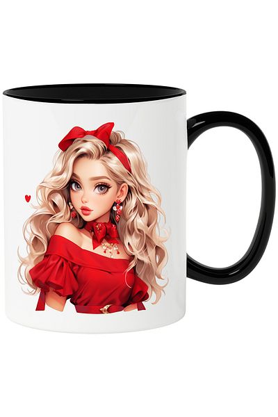 StoryGift Romania Mug with a beautiful face | blonde | red blouse | | bow | serious | 33, Cu ,STG