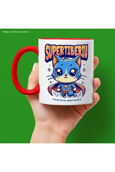 StoryGift Romania Super Tiberius Mug, Superhero, Flying Cat, 330ml, Ceramic with Red Handle, With Handle, STG.
