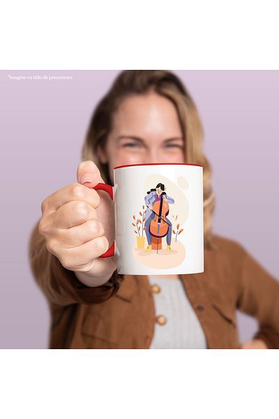 StoryGift Romania Mug With Musician, Cello, Musical Instrument, Plants, Pot, Multicolor 330, With Red Handle