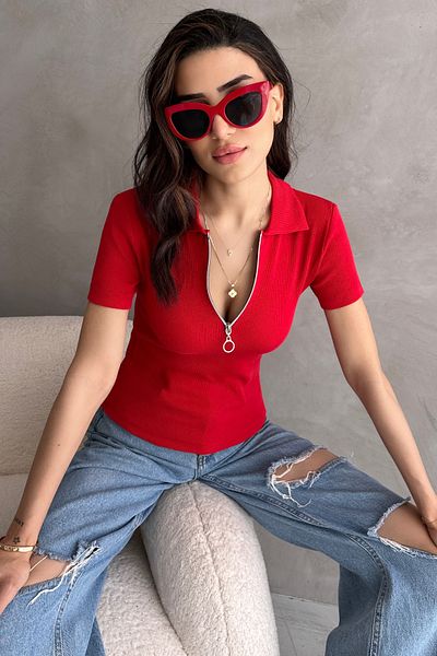 Chicup Women's Red Half Zipper Polo Neck Ribbed Knitted Blouse