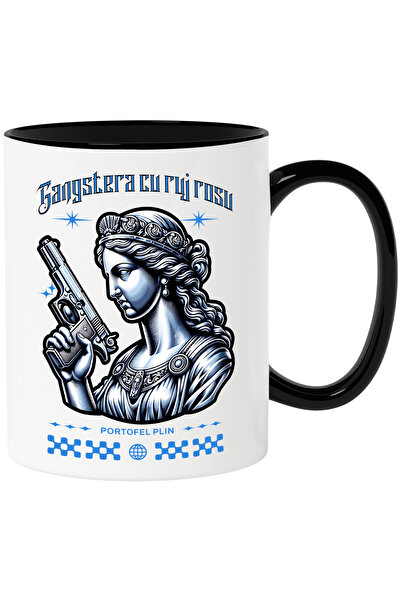 StoryGift Romania Cana femeie regina cu pistol ruj rosu gangster, 330ml, Cera...