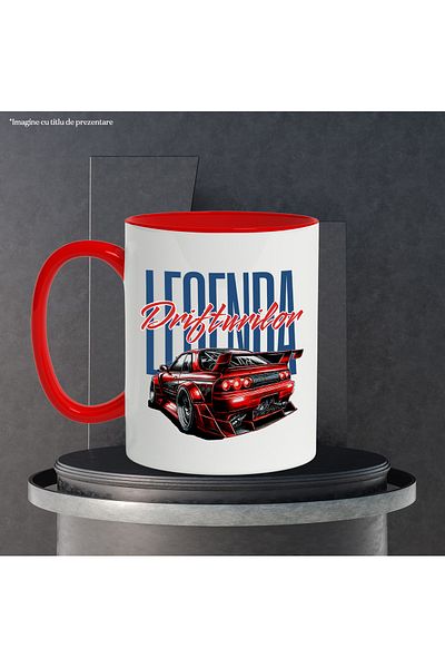 StoryGift Romania Cana legenda drifturilor masina rosie strada viteza motor, 330ml, Ceramic cu Man, Cu Maner Rosu