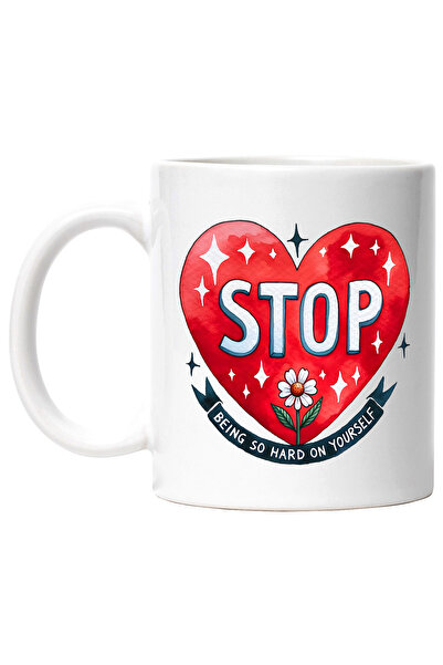 StoryGift Romania Cana cu mesajul "Stop being so hard on yourself", ilustratie, motivational, floa, Cu Maner Alb