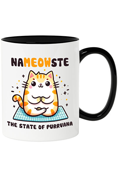 StoryGift Romania Cana cu pisicuta care mediteaza cu mesajul "Nameowste, the state of Purrvana", s, Cu Maner Negru