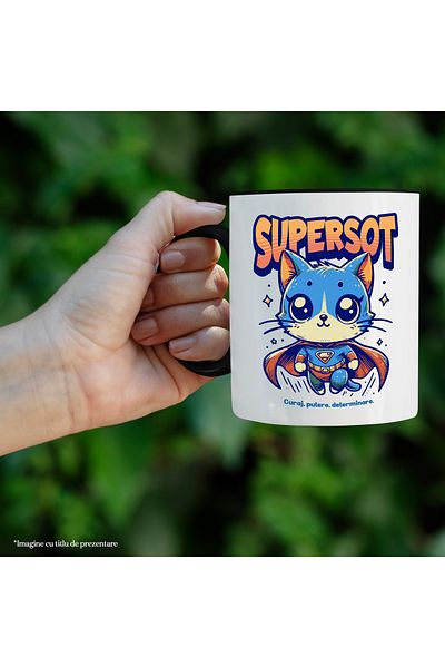 StoryGift Romania Super Husband Mug, Superhero, Flying Cat, 330ml, Ceramic with Black Handle, With Handle N