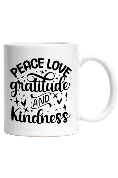 StoryGift Romania Cana cu inimioare si textul "Peace, love, gratitude and kin...