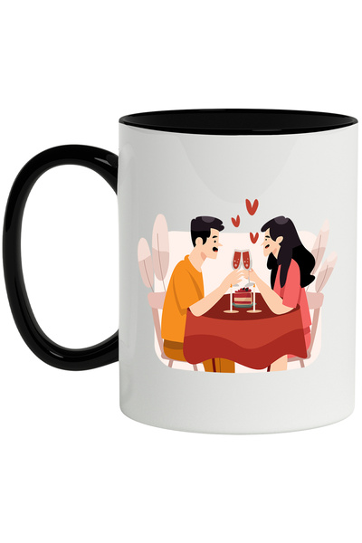 StoryGift Romania Cana Cu Cuplu, Cina, Inimi, Vin, Tort, Dragoste, Masa, Multicolor 330 ml, Cerami, Cu Maner Negru