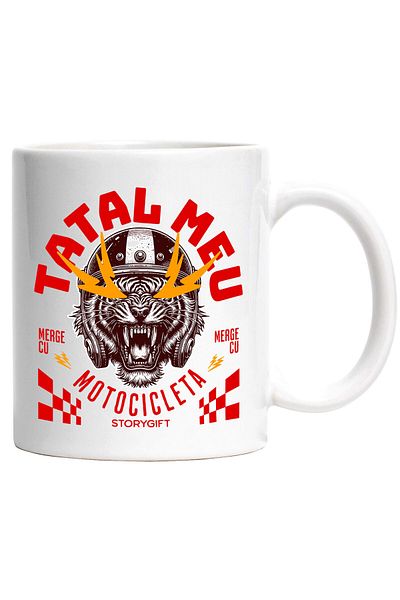StoryGift Romania Mug with Angry Tiger with Helmet, Long Fangs, Text My Father Rides a Motorcycle, with White Handle