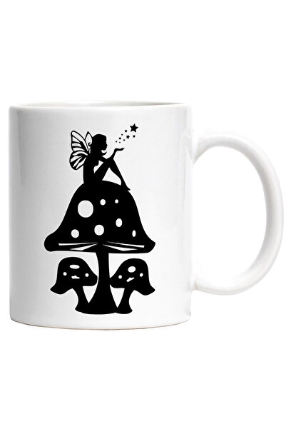 StoryGift Romania Cana cu o zana micuta care sta pe o ciuperca cu Maner Alb, Cu Maner Alb