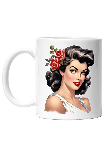 StoryGift Romania Cana cu o femeie frumoasa bruneta, ilustratie, stil retro, ...