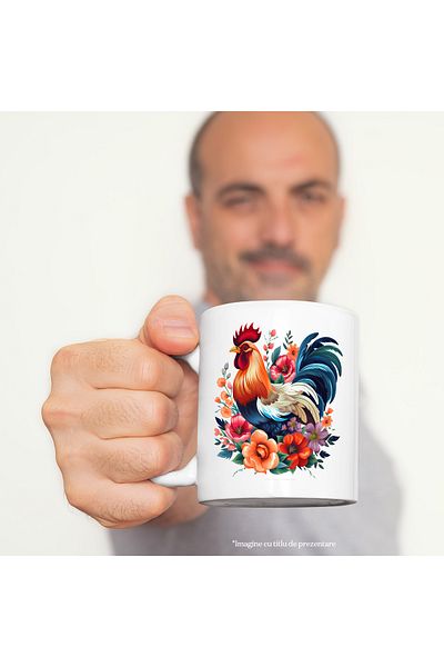 StoryGift Romania Mug with a rooster that has many flowers around it | nature | plants | bird | 330ml, With White Handle