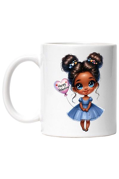 StoryGift Romania Cana cu o fetita de culoare | draguta | ilustratie | rochie albastra | Valentine, Cu Maner Alb
