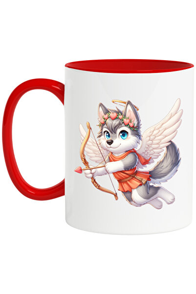 StoryGift Romania Cana cu un caine Husky Cupidon, ilustratie, trage cu arcul, indragostire, aripi,, Cu Maner Rosu