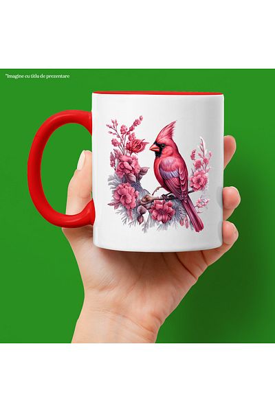 StoryGift Romania Mug with a pink bird | illustration | flowers | branch | serious | little care, With ,STG.