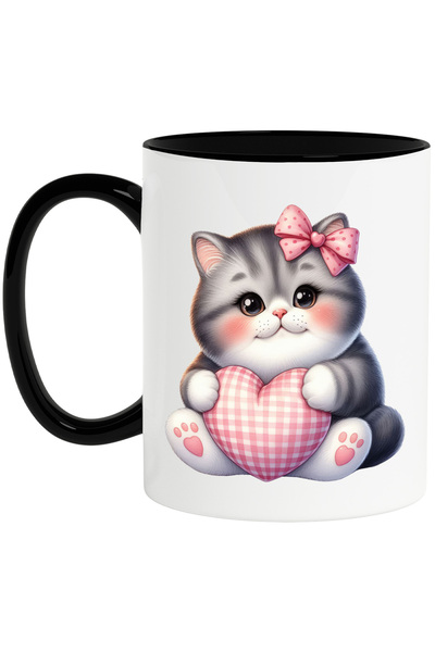 StoryGift Romania Cana cu o pisicuta plinuta care tine o inimioara in brate | ilustratie | vesela , Cu Maner Negru
