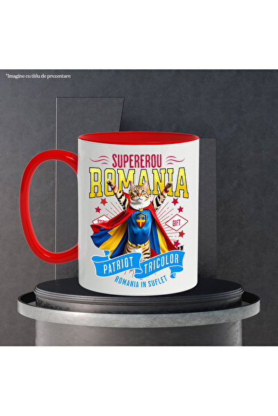 StoryGift Romania Mug with Bengal Cat in Captain Romania Costume with Cape, Night Hero, By, With Red Handle