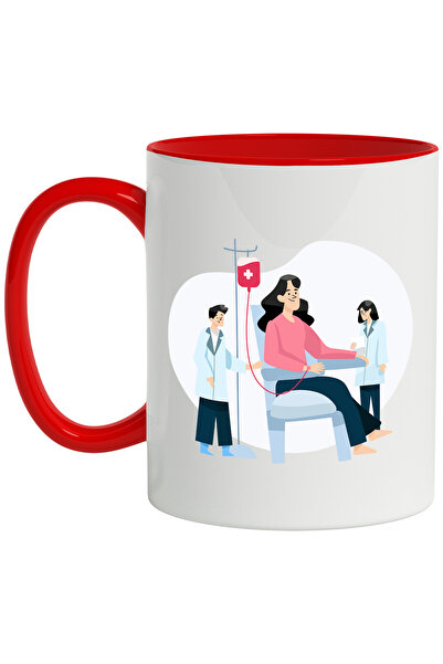 StoryGift Romania Cana Cu Medicina, Doctori, Pacient, Transfuzie, Sange, Halat, Multicolor 330 ml,, Cu Maner Rosu