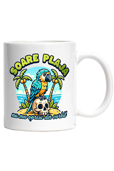 StoryGift Romania Cana papagal pe plaja, nu ma opresc din vorbit, haios vacanta, 330ml, Ceramic cu, Cu Maner Alb