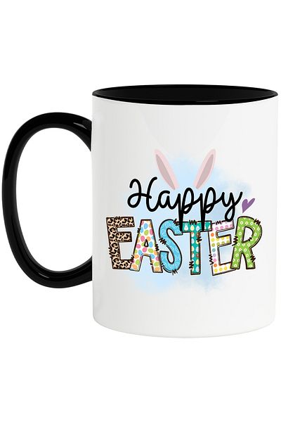 StoryGift Romania Cana cu mesajul "Happy Easter", Paste fericit, ilustratie, sarbatori pascale, ur, Cu Maner Negru