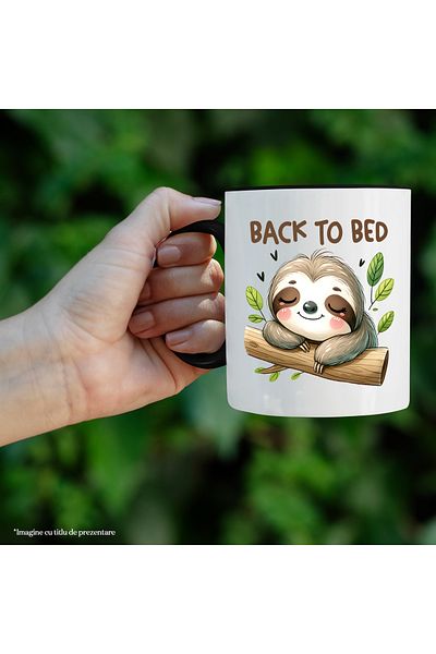 StoryGift Romania Sloth animal mug with the message "Back to bed", illustration, funny, laugh, with black handle