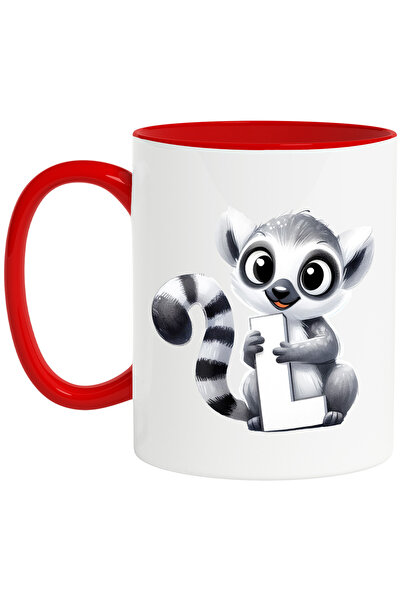 StoryGift Romania Cana cu un animalut care tine litera "L", ilustratie, pentru copii, scoala, elev, Cu Maner Rosu