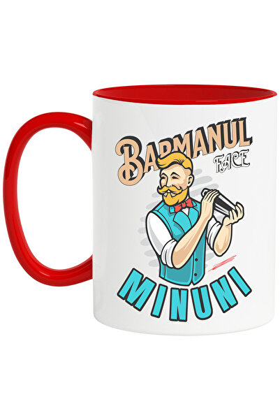 StoryGift Romania Cana cu Barbat Animatie Cu Mustata Si Barba Papion Rosu Cu Shaker Text In Limba , Cu Maner Rosu