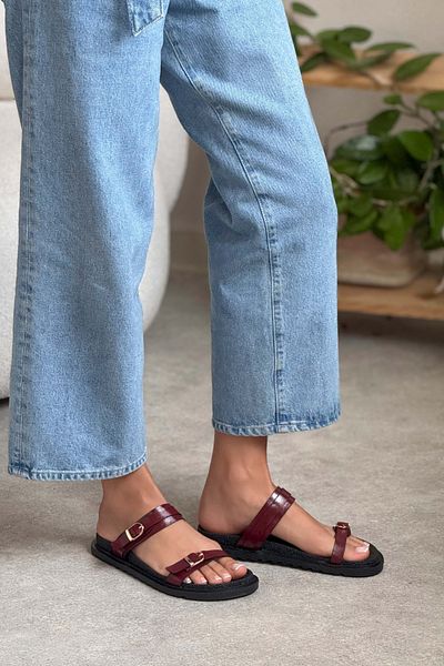 NİŞANTAŞI SHOES Happy Burgundy Wrinkled Matte Two Buckle Flat Sole Women's Slippers
