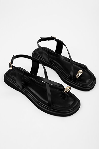 Shoeberry Women's Julina Black Skin Buckle Sandals