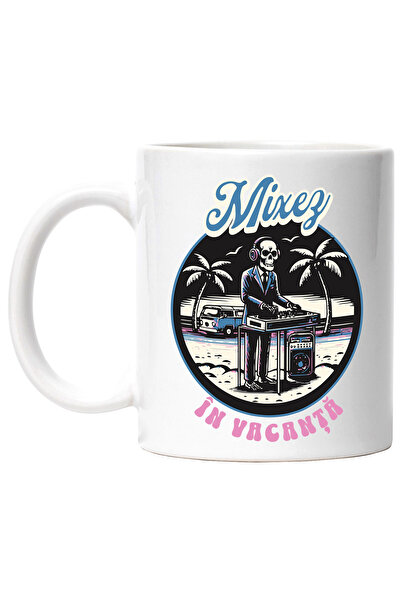 StoryGift Romania Cana DJ în vacanta mixez schelete pe plaja costum, 330ml, Ceramic cu Maner Alb, Cu Maner Alb