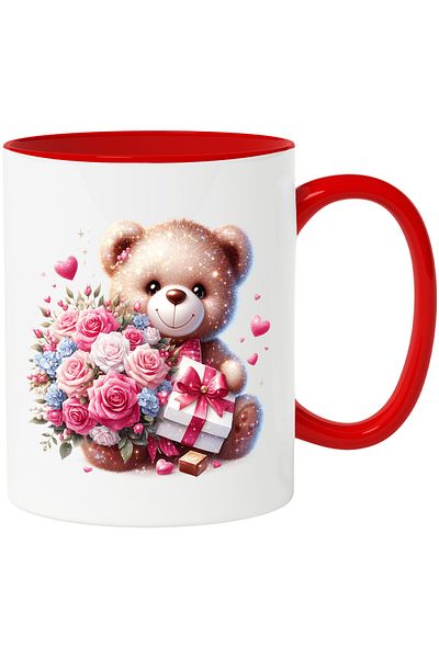 StoryGift Romania Cana cu un ursulet care tine un buchet cu trandafiri si un cadou | cutie | ilust, Cu Maner Rosu
