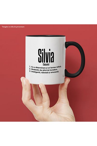 StoryGift Romania Cana Cu Numele Silvia, si Mesaj Motivational, Determinare, Modesta, Inteligenta,, Cu Maner Negru
