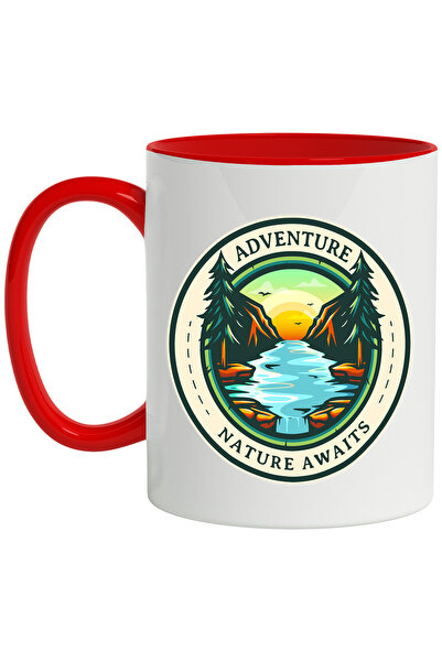 StoryGift Romania Cana Cu Mesaj In Engleza Adventure Nature Awaits, Pasari, Rau, Cascada, Munte, M, Cu Maner Rosu