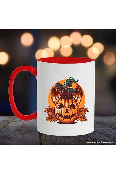 StoryGift Romania Halloween Mug: Pumpkin, Cat, Leaves, Wings, Witch, Multicolor 330 ml, With ,STG.