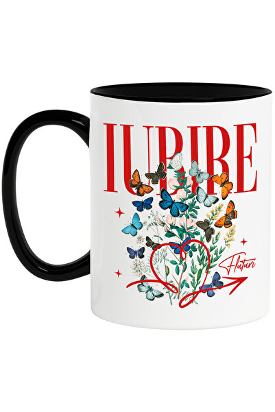 StoryGift Romania Cana cu Fluturi Colorati Planta verde Text Iubire Inimioara...