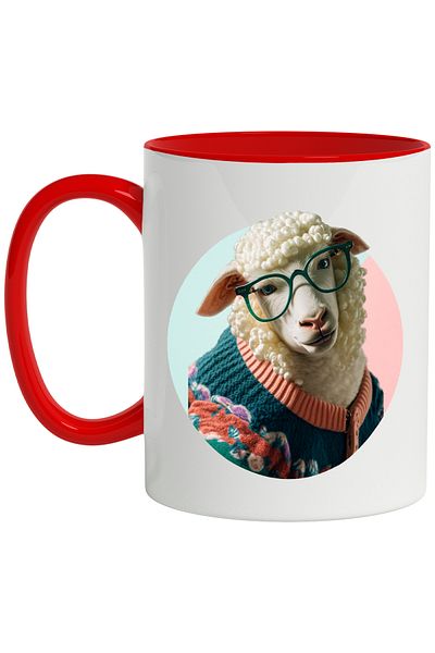 StoryGift Romania Cana Cu Oaie, Hipster, Ochelari, Pulover, Lana, Multicolor 330 ml, Ceramica cu M, Cu Maner Rosu