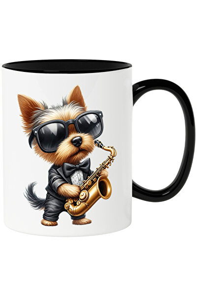 StoryGift Romania Cana cu un catel de talie mica | ilustratie | blanos | canta la saxofon | ochela, Cu Maner Negru