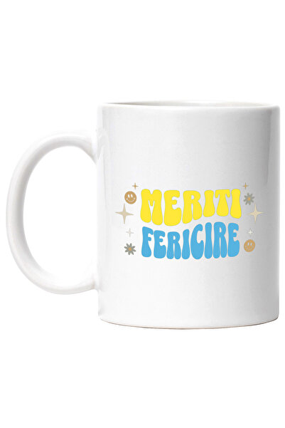 StoryGift Romania Cana Meriti Fericire, 330ml, Ceramic cu Maner Alb, Cu Maner...