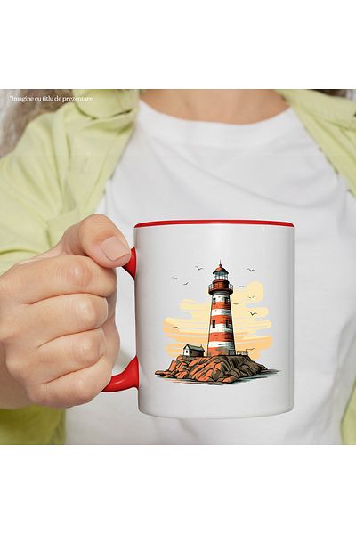 StoryGift Romania Cana cu un far | ilustratie | mare | apa | control | pasari | apus | arta vector, Cu Maner Rosu STG