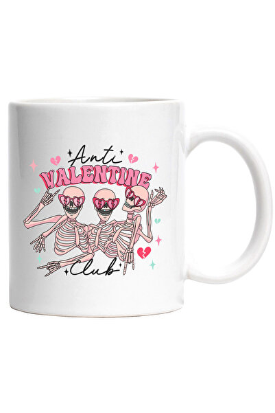 StoryGift Romania Cana cu scheleti care petrec cu mesajul "Anti Valentine Club", inimioare zdrobit, Cu Maner Alb