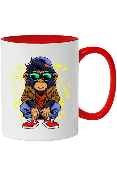 StoryGift Romania Cana Cu Maimuta, Sapca, Ochelari, Tenesi, Multicolor 330 ml, Ceramica cu Maner R, Cu Maner Rosu