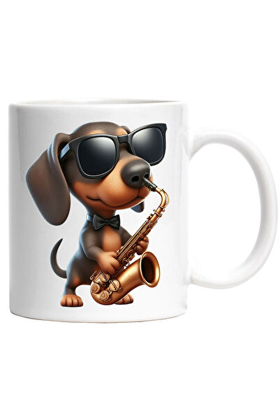 StoryGift Romania Cana cu un catel care canta la saxofon | 3D | ochelari | ilustratie | pentru iub, Cu Maner Alb
