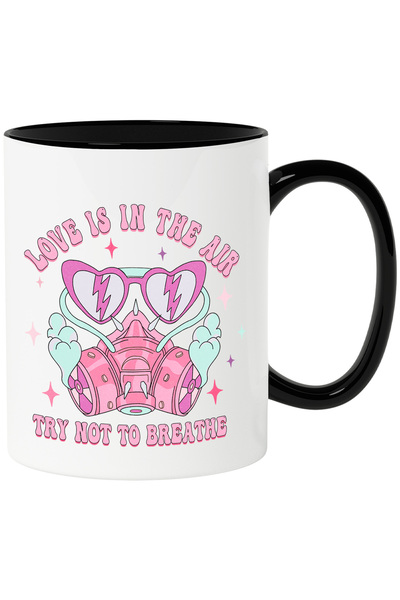 StoryGift Romania Mug with a gas mask and glasses with the message "Love is in the air, Try not to b, With ,STG