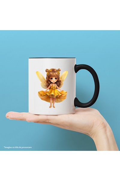 StoryGift Romania Cana cu o fetita dragalasa cu aripi de zana | ilustratie | rochie galbena | ca-n, Cu Maner Negru