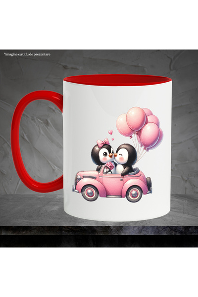 StoryGift Romania Mug with 2 penguins riding in a car | illustration | balloons | escape in , With ,STG .