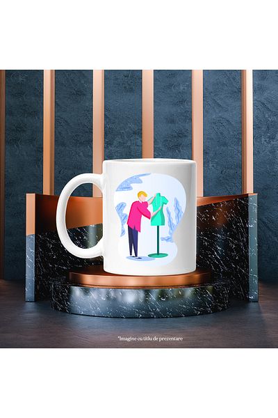 StoryGift Romania Cana Cu Design, Croitorie, Manechin, Masura, Multicolor 330 ml, Ceramica cu Mane, Cu Maner Alb