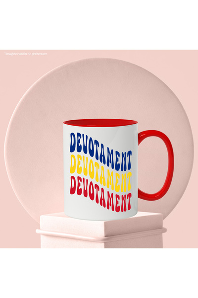 StoryGift Romania Mug The Word Devotion, in the Colors of the Romanian Flag, Red, Yellow, Blue, with STG