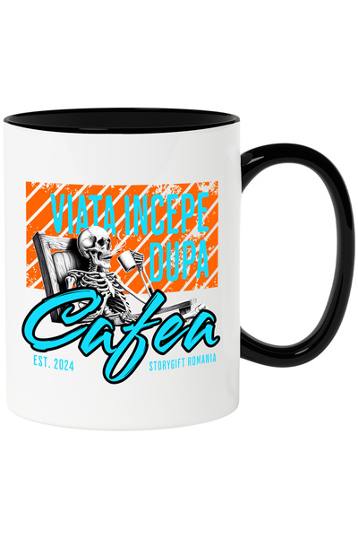 StoryGift Romania Cana Viata incepe Dupa Cafea, 330ml, Ceramica cu Maner Negr...