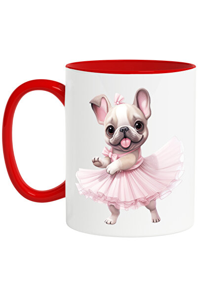 StoryGift Romania Cana cu French Bulldog care danseaza, caine, animal de companie, ilustratie, cos, Cu Maner Rosu